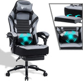Racing Gaming Chair with Footrest Massage, 400Lb Capacity, Black, Modern Style, Ergonomic Desk Chair, Recliner, Leather Memory Foam, Office & Gaming Use